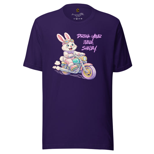 Purple unisex t-shirt with a cartoon bunny on a motorcycle and text 'Drink Your Title Shelby' – Boozie Adams