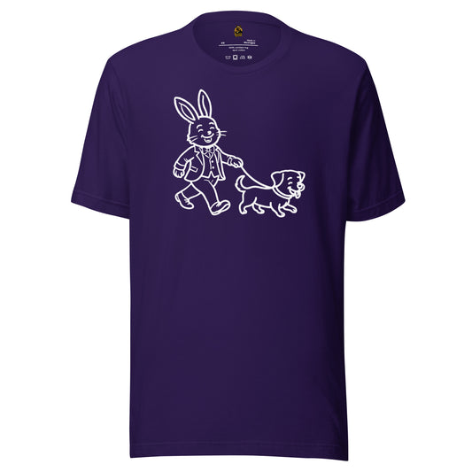 Purple unisex t-shirt with a graphic of a rabbit walking a dog – Boozie Adams