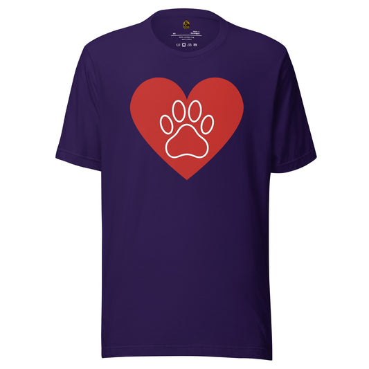 Purple unisex t-shirt with a red heart and white paw print design – Boozie Adams