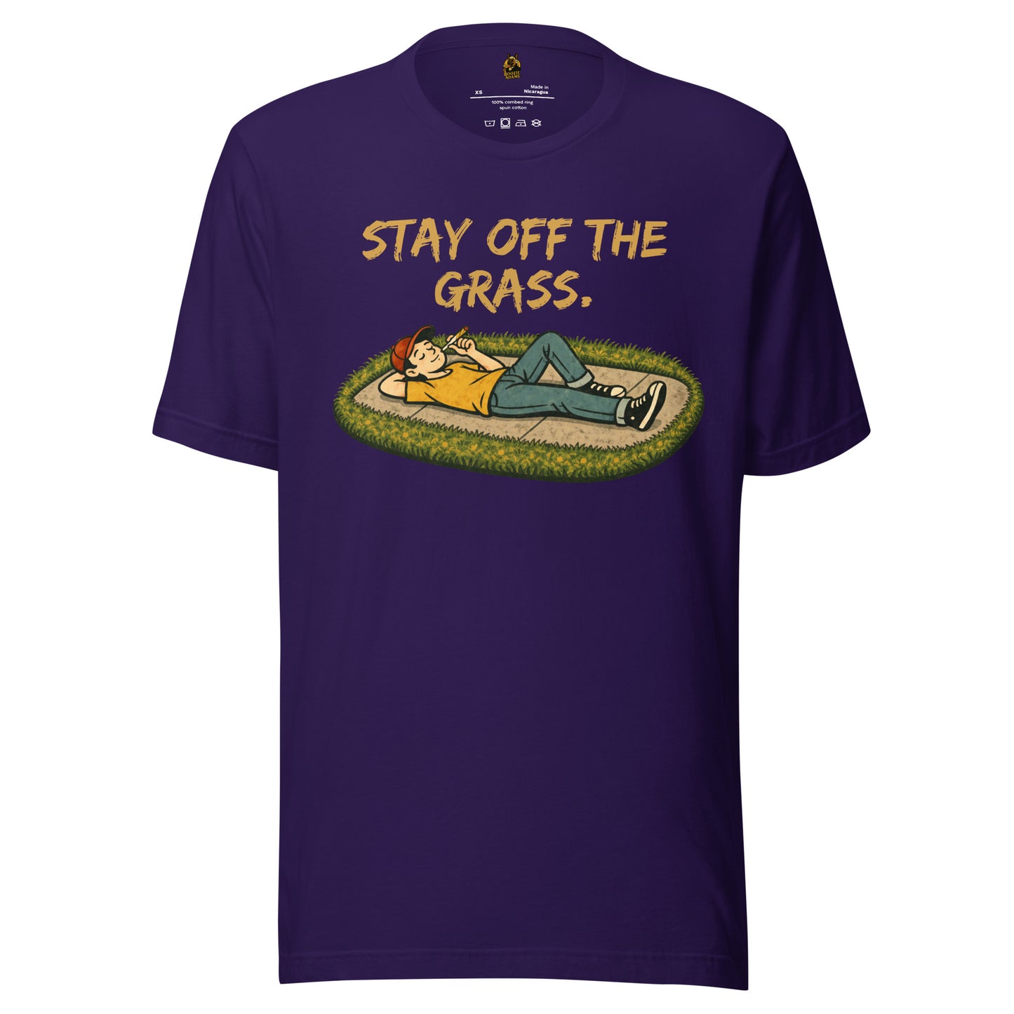 Purple unisex t-shirt with graphic of person lying on sidewalk smoking a joint and text 'Stay off the grass' – Boozie Adams
