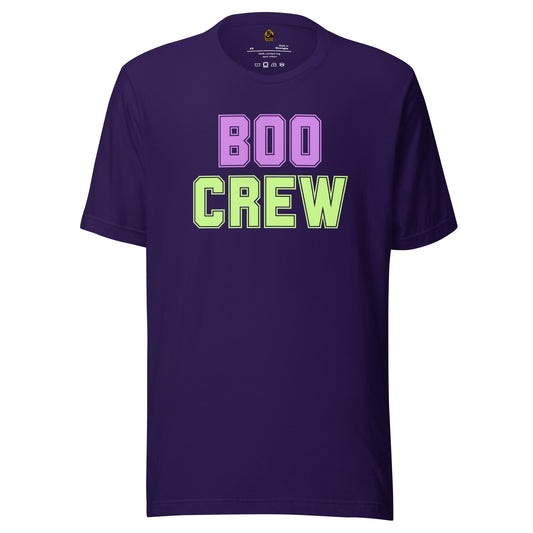 Purple unisex t-shirt with purple and green text 'BOO CREW' – Boozie Adams