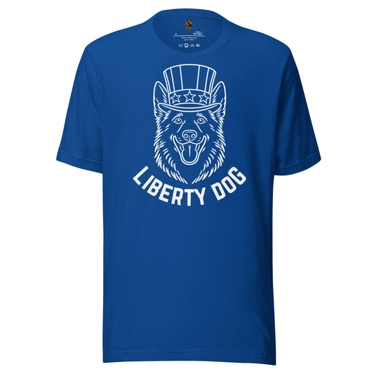 Blue unisex t-shirt with a graphic of a dog wearing uncle sam top hat and the text 'Liberty Dog' – Boozie Adams