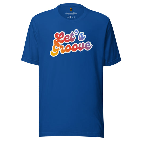 Blue unisex t-shirt with 'Let's Groove' text in colorful letters – Boozie Adams