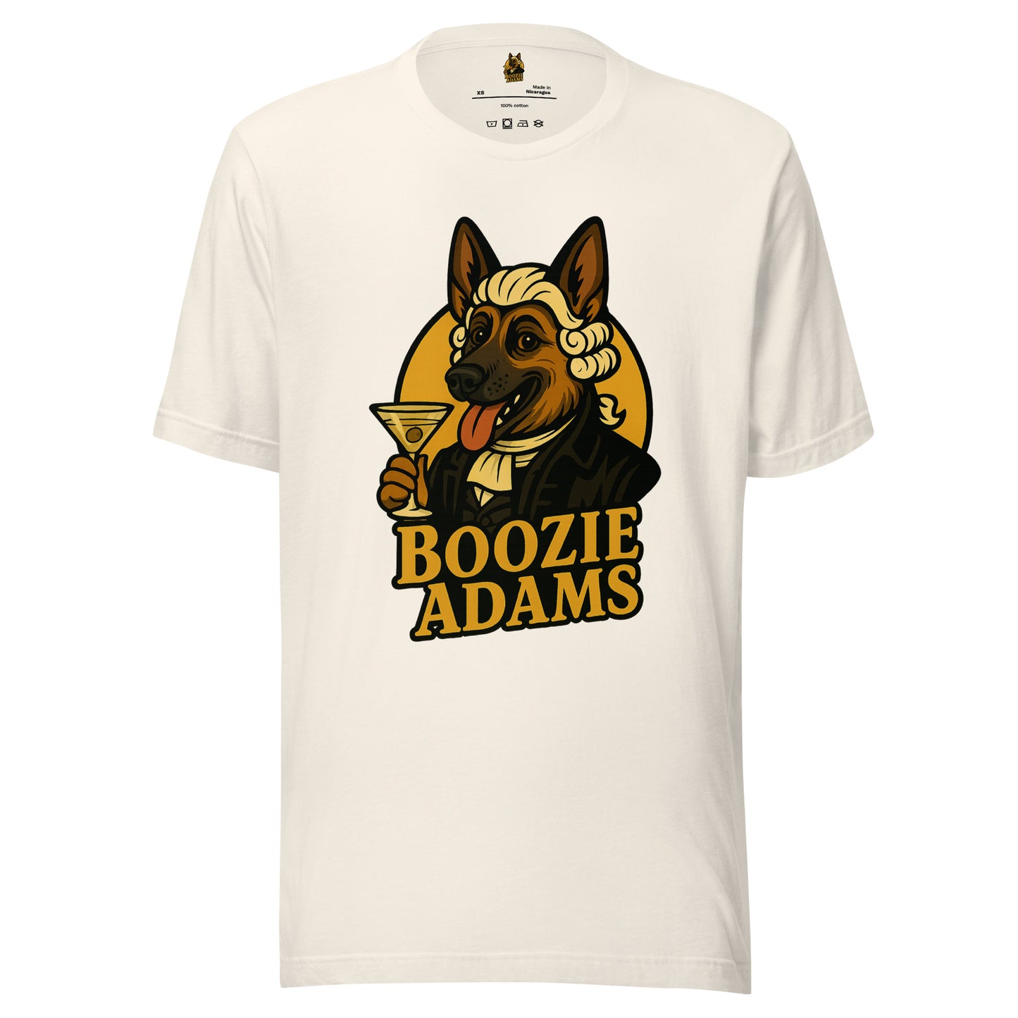 Off white unisex t-shirt with a graphic of a dog holding a martini glass and the text 'Boozie Adams' – Boozie Adams