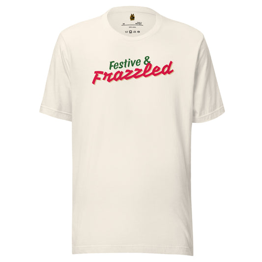 Vintage white unisex t-shirt with 'Festive & Frazzled' text in green and red – Boozie Adams