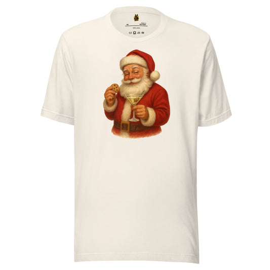 White unisex t-shirt with a graphic of Santa Claus holding a martini glass and eating a cookie – Boozie Adams
