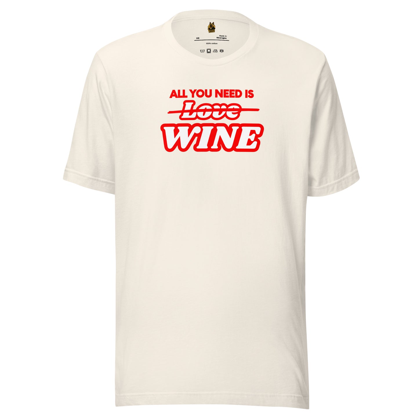 Vintage white unisex t-shirt with red text 'All You Need Is Love Wine' – Boozie Adams