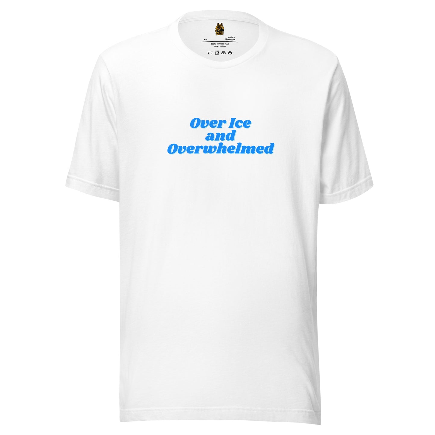 White unisex t-shirt with blue text 'Over Ice and Overwhelmed' – Boozie Adams