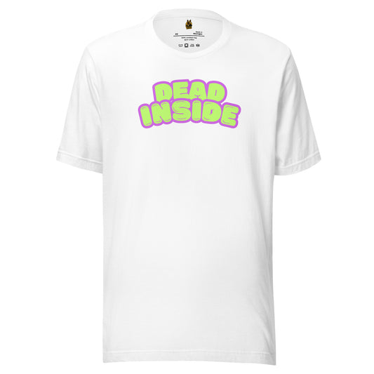 White unisex t-shirt with 'DEAD INSIDE' text in purple and green – Boozie Adams