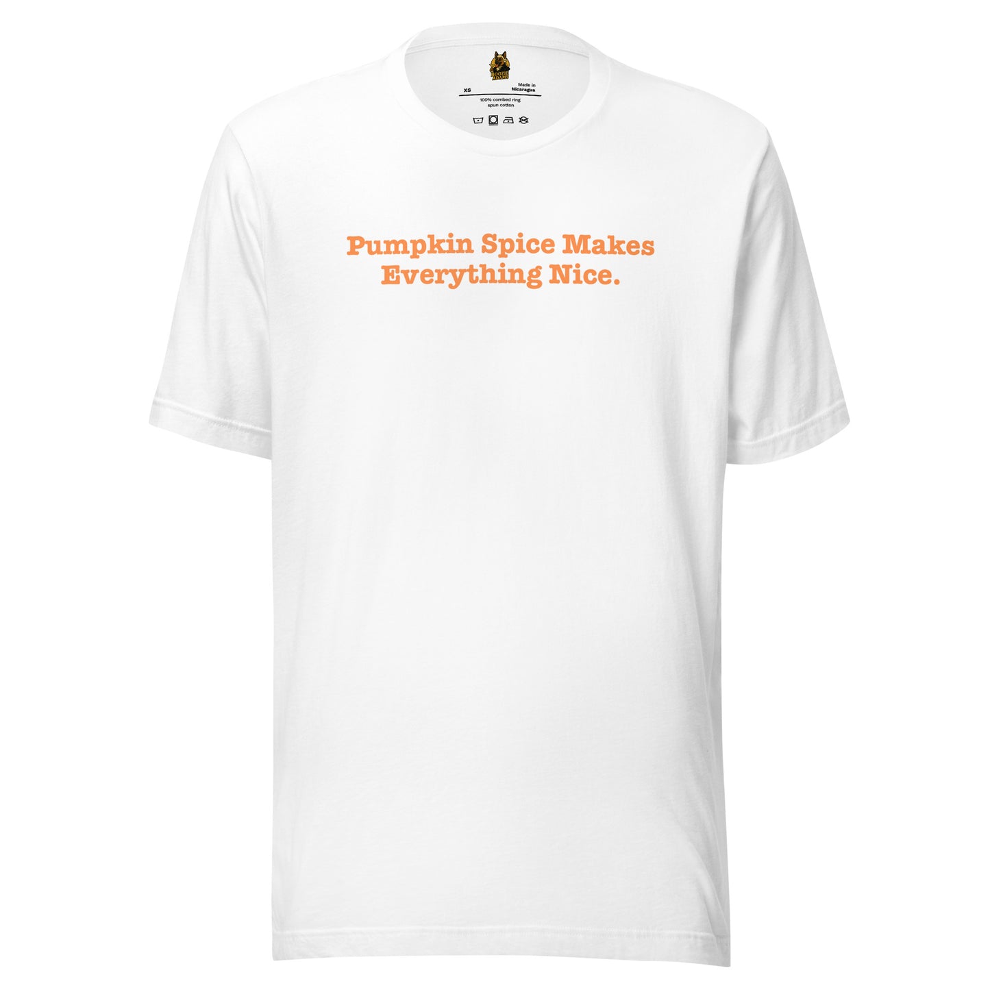 White unisex t-shirt with 'Pumpkin Spice Makes Everything Nice' text in orange – Boozie Adams