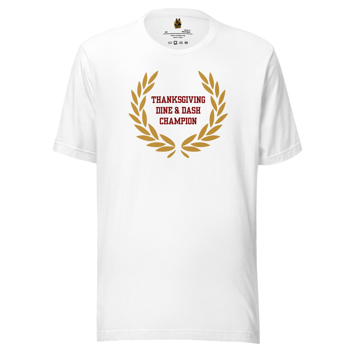 White unisex t-shirt with gold laurel wreath and red 'Thanksgiving Dine & Dash Champion' text – Boozie Adams