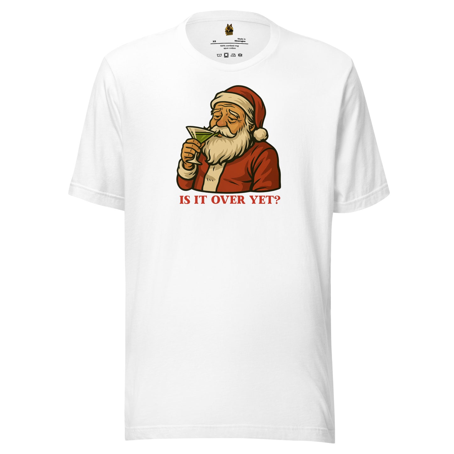 White unisex t-shirt with Santa Claus drinking a martini graphic and text 'IS IT OVER YET?' – Boozie Adams