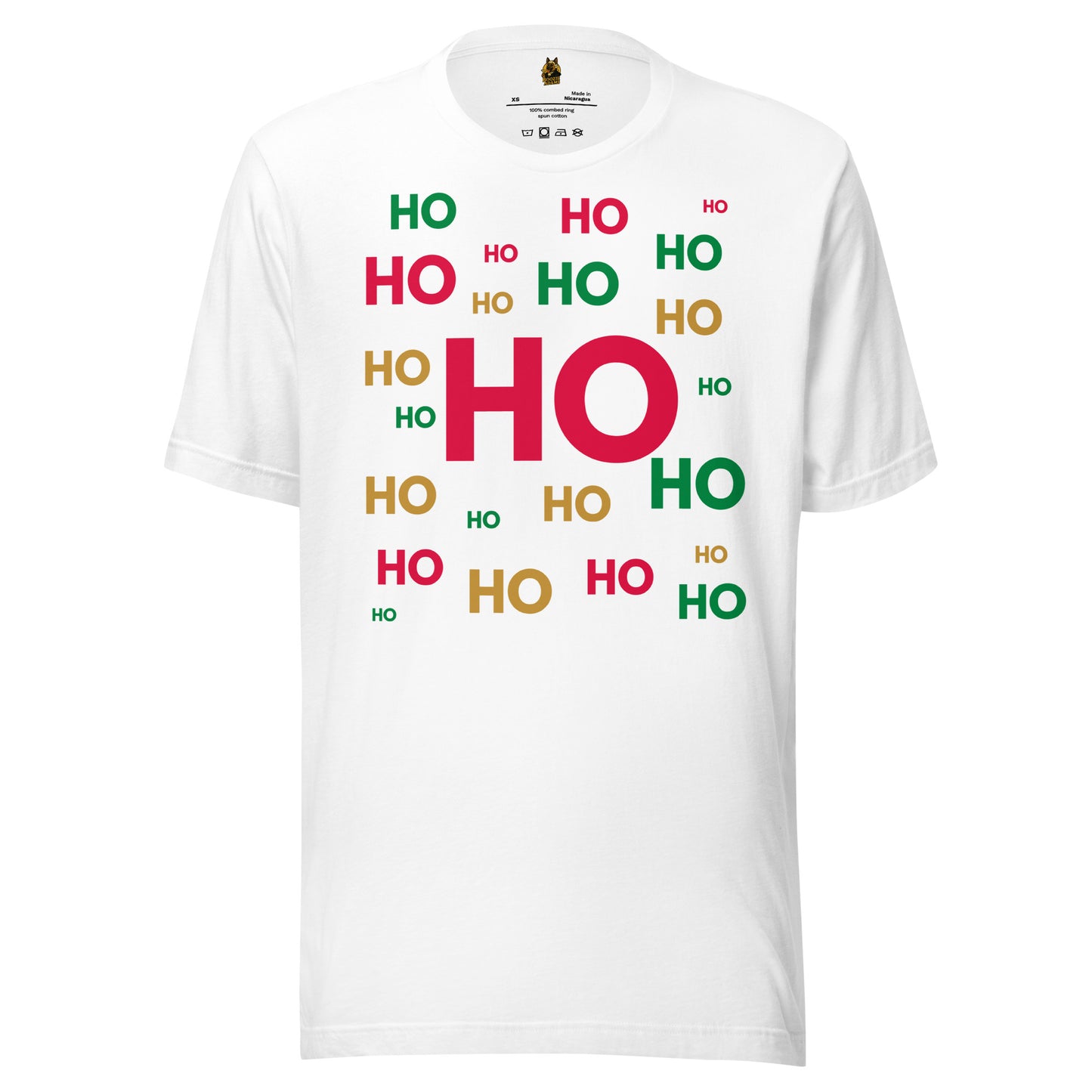 White t-shirt with 'HO HO HO' text in various colors – Boozie Adams