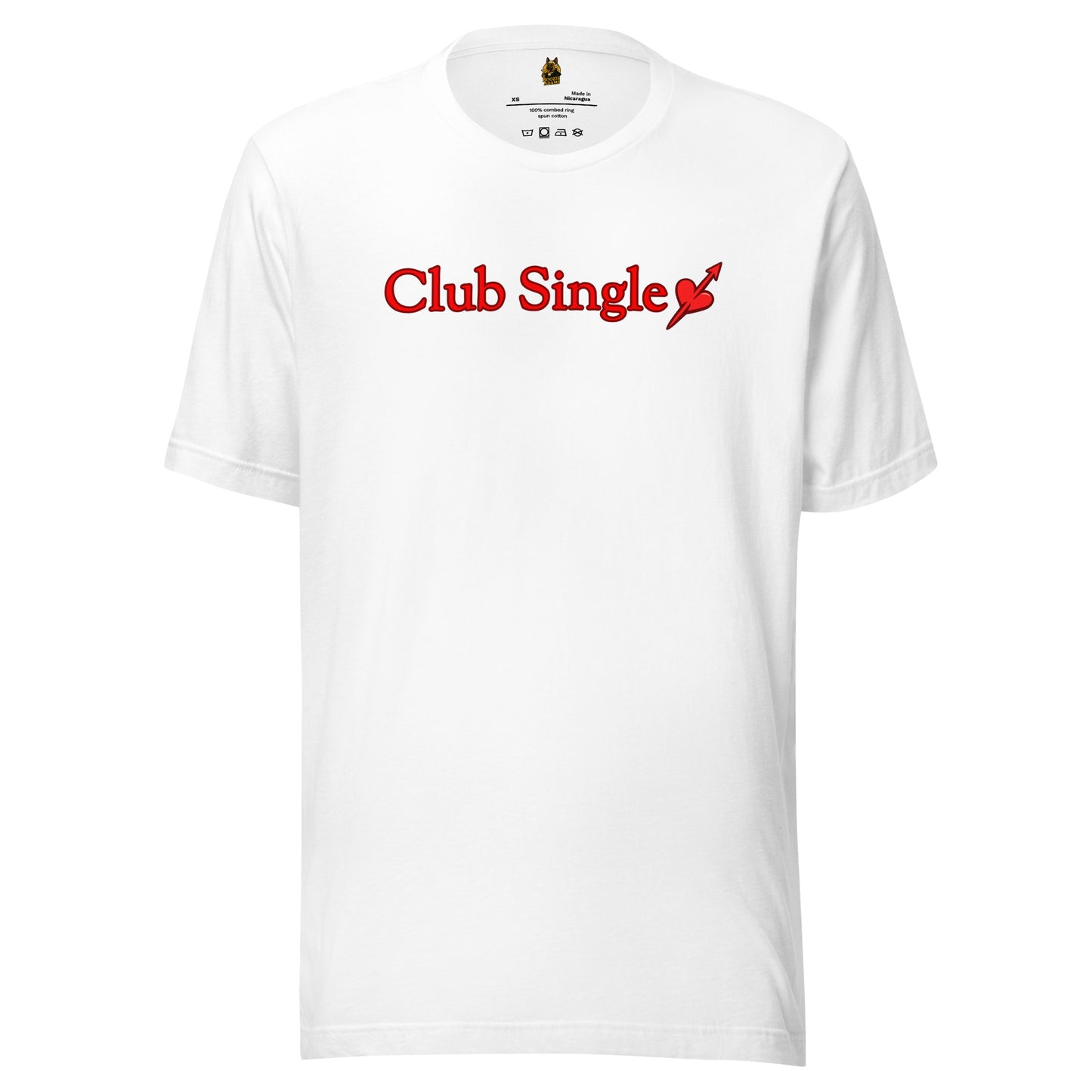 White unisex t-shirt with red text 'Club Single' – Boozie Adams