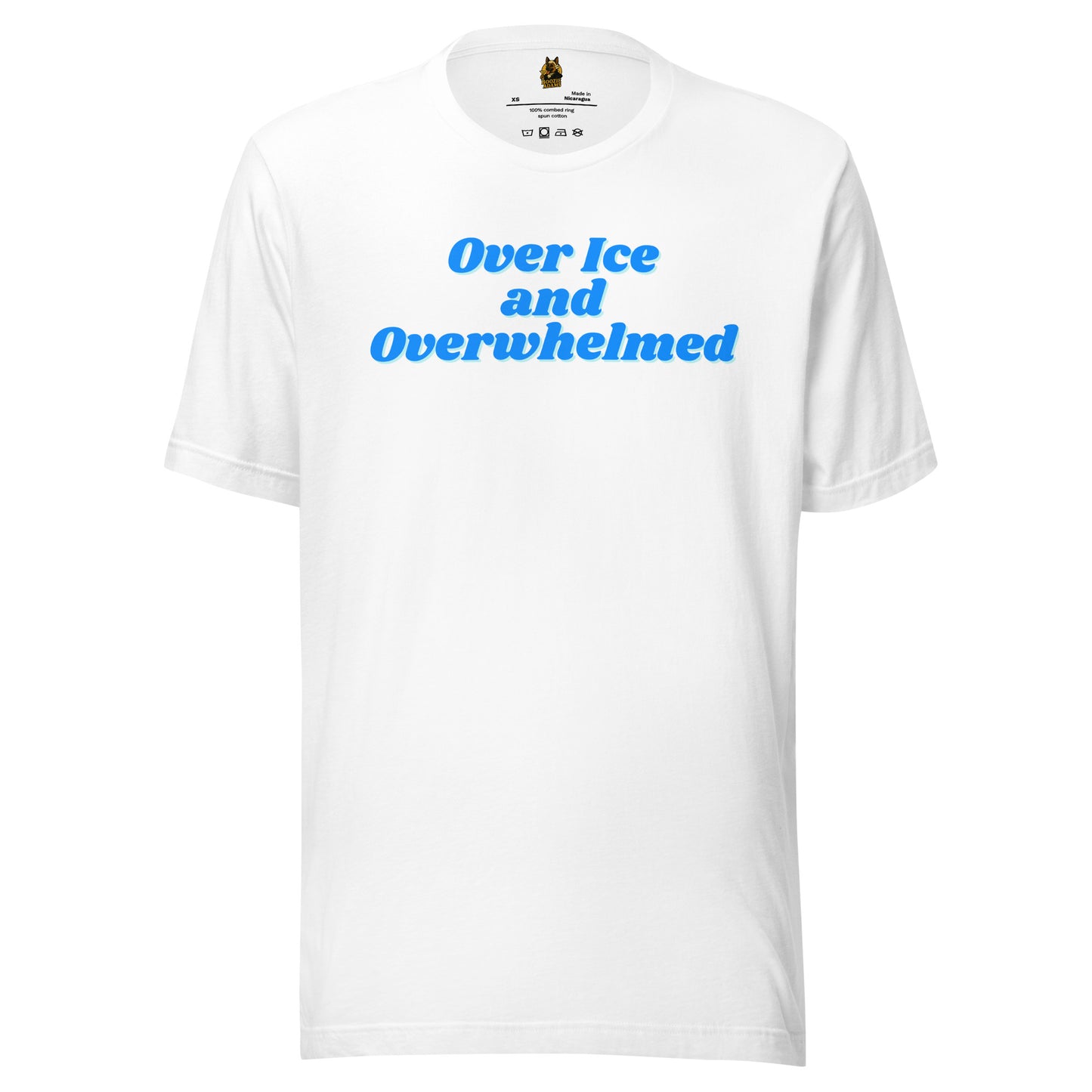 White unisex t-shirt with blue text 'Over Ice and Overwhelmed' – Boozie Adams