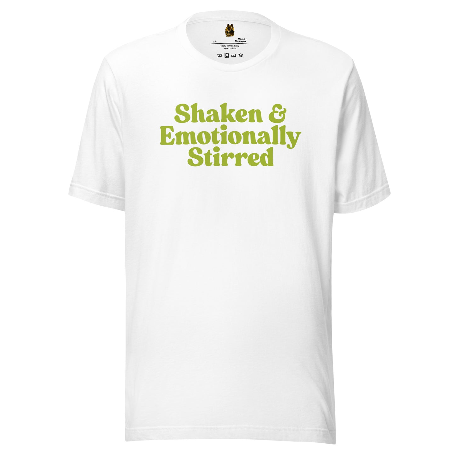White unisex t-shirt with green text 'Shaken & Emotionally Stirred' – Boozie Adams