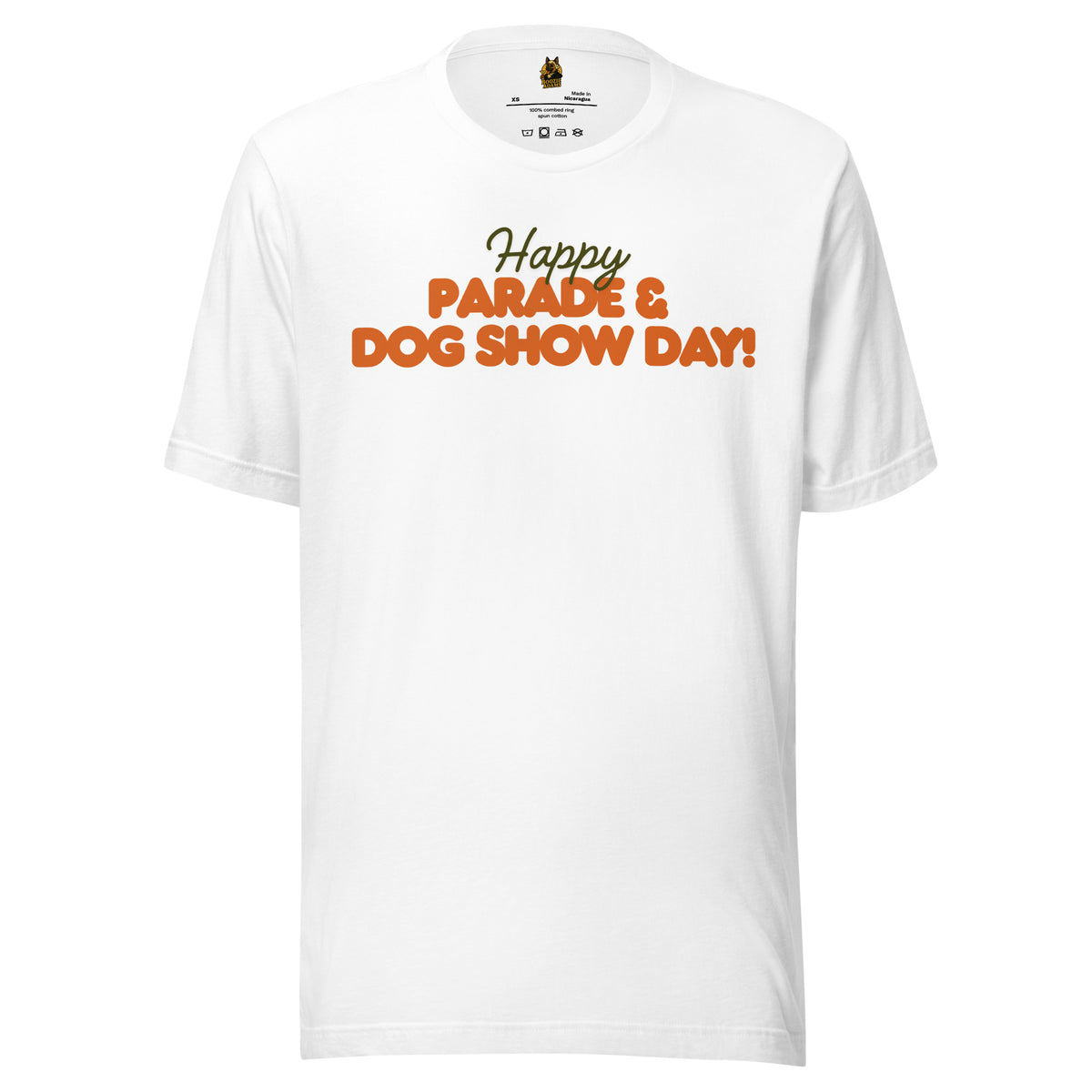 Vintage white unisex t-shirt with 'Happy Parade & Dog Show Day!' green & orange text – Boozie Adams
