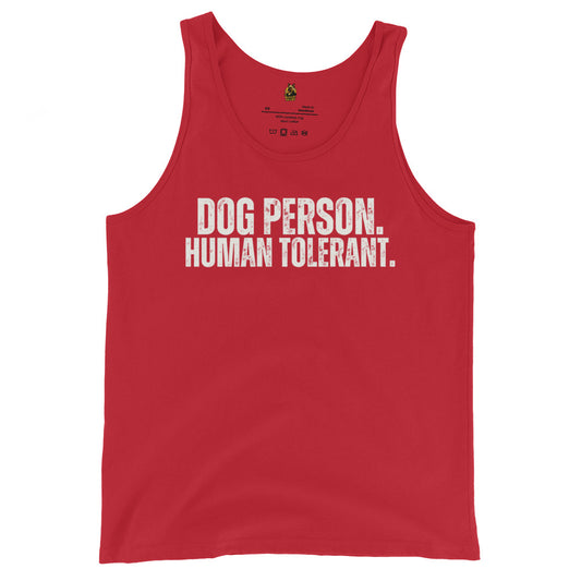 Red unisex tank top with the text 'DOG PERSON, HUMAN TOLERANT.' – Boozie Adams