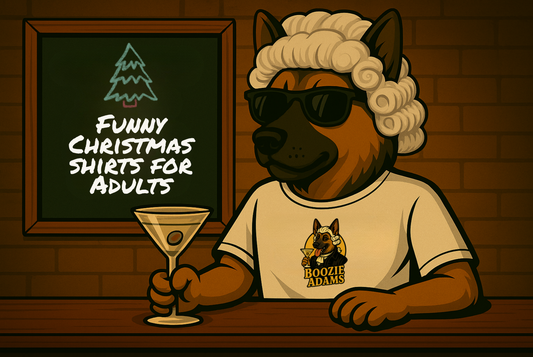 Funny Christmas shirts for adults with Santa, cocktail, dog, and sarcastic holiday designs from Boozie Adams
