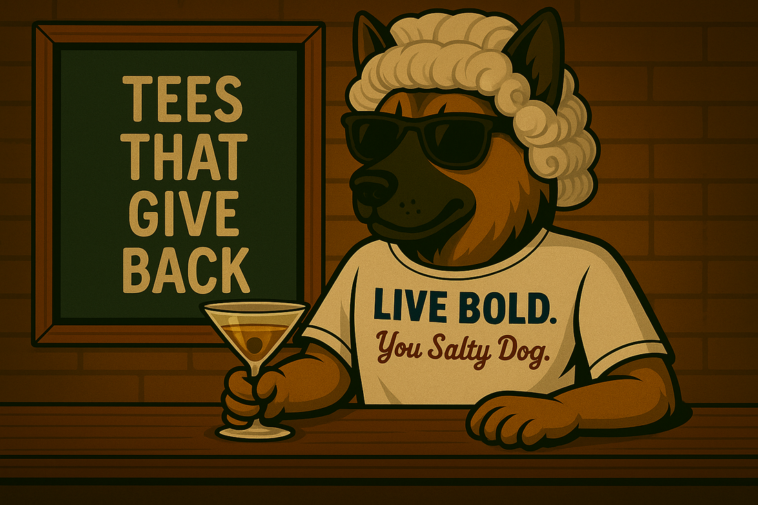 Boozie Adams, a dog in a powdered wig, sunglasses and a tshirt that says 'LIVE BOLD, You Salty Dog, sits at a bar with a martini. A sign behind the bars says 'Tees that give back'