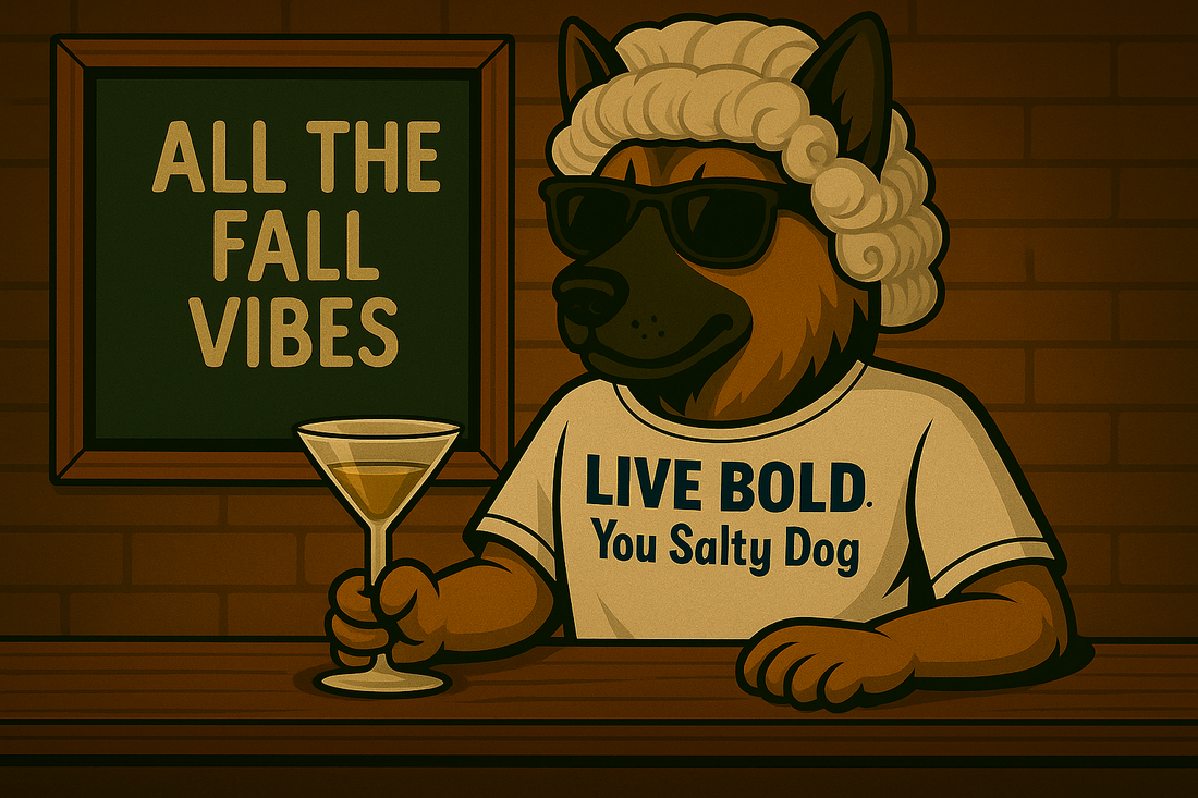 Boozie Adams, a dog in a powdered wig, a t-shirt, and sunglasses sits at a bar with a martini. A sign on the wall says 'All the fall vibes'