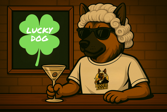 Boozie Adams sits at a bar wearing sunglasses and a powdered wig while holding a martini. There is s sign that says 'Lucky Dog'.