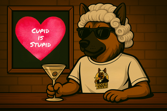 Boozie Adams sits at a bar with a martini and a sign that says cupid is stupid