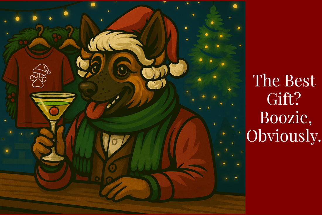 Boozie Adams sits at a bar with a martini wearing holiday gear.