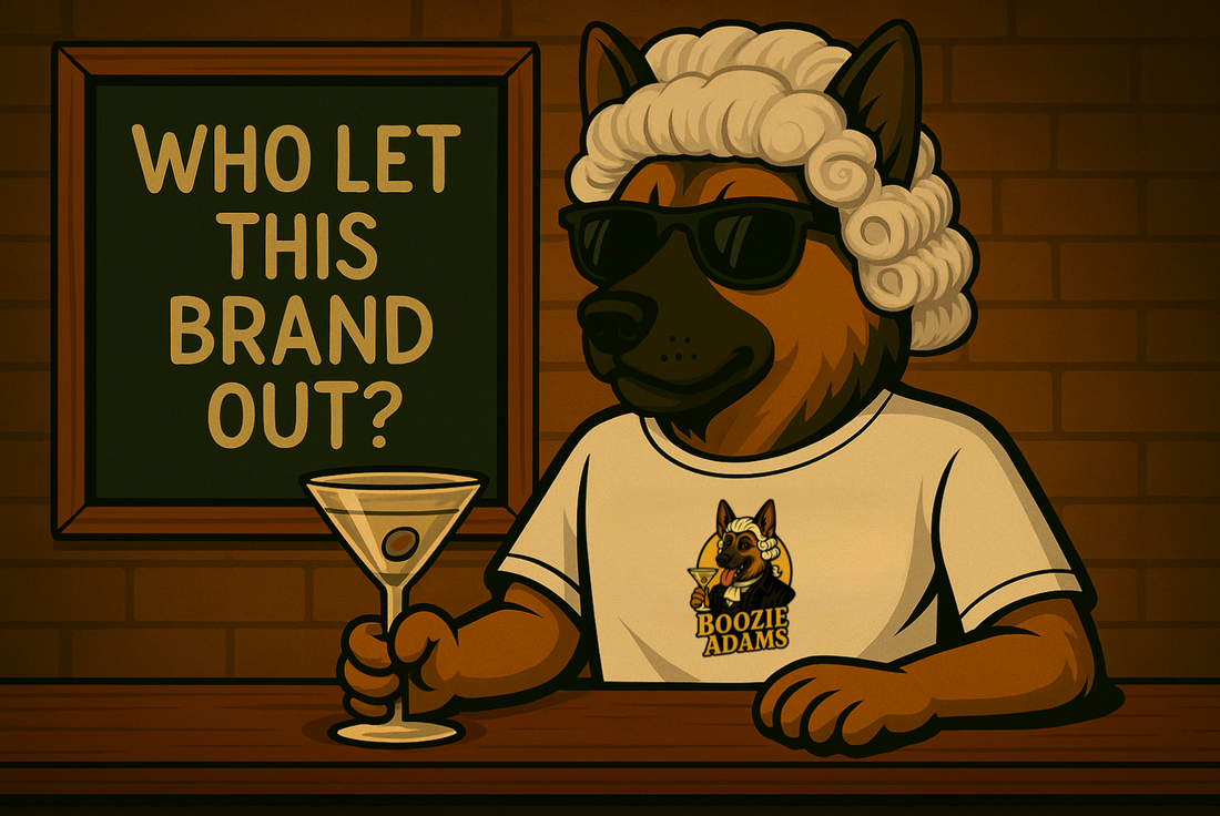 Boozie Adams, a dog in a tshirt, powdered wig and sunglasses, sits at a bar with a martini. A sign behind the bar says 'who let this brand out'