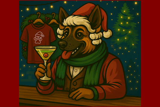 Boozie Adams, a dog in a powdered wig, sweater and a santa hat, sits at a bar with a martini surrounded by holiday decor.