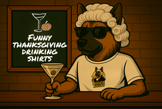 Funny Thanksgiving drinking shirts with wine, martini, and cocktail designs from Boozie Adams