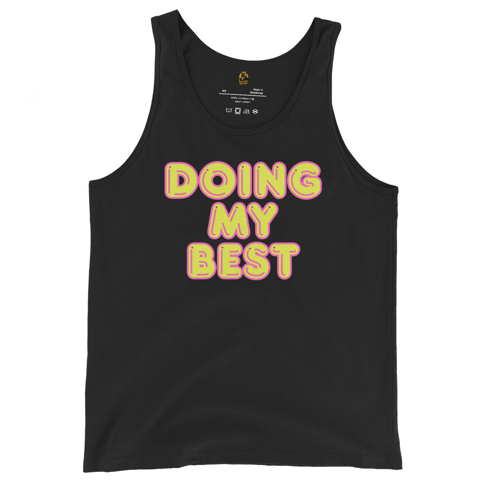 Black unisex tank top with 'Doing My Best' text in yellow and pink – Boozie Adams