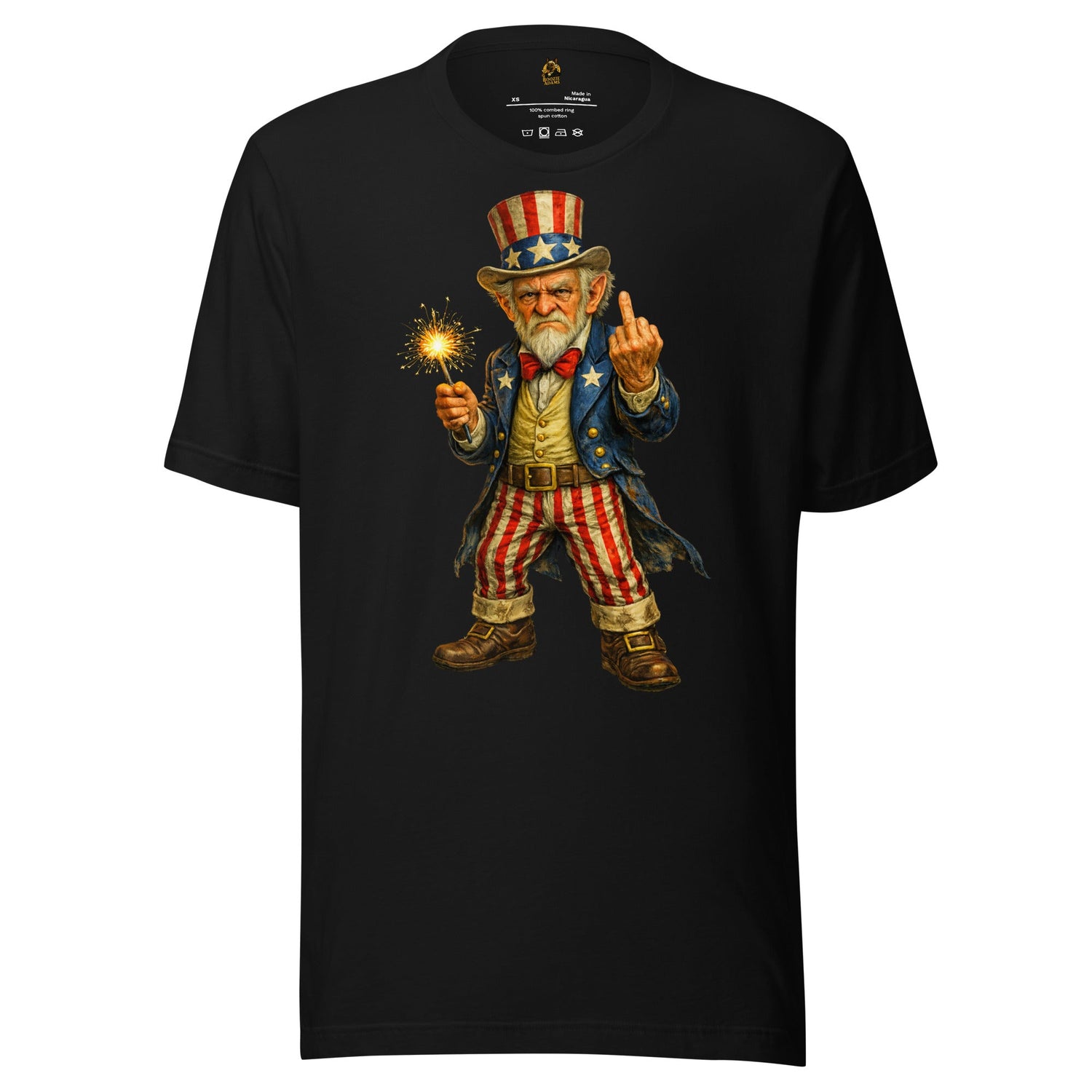 Black unisex t-shirt with image of Uncle Sam flipping the bird and holding a sparkler – Boozie Adams