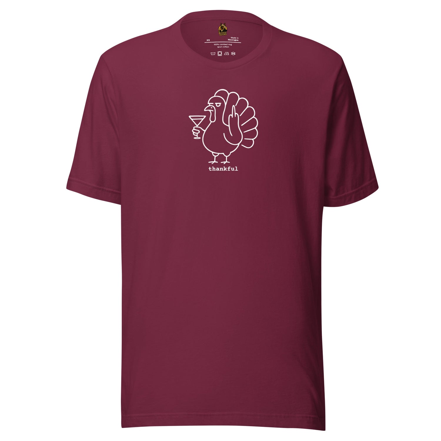 Maroon tee with white image of turkey flipping the bird and holding a martini with the word 'thankful' – Boozie Adams