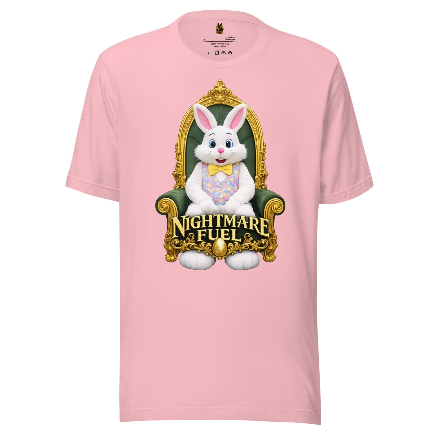 Pink unisex t-shirt with an image of a mall bunny sitting on a throne with 'Nightmare Fuel' text