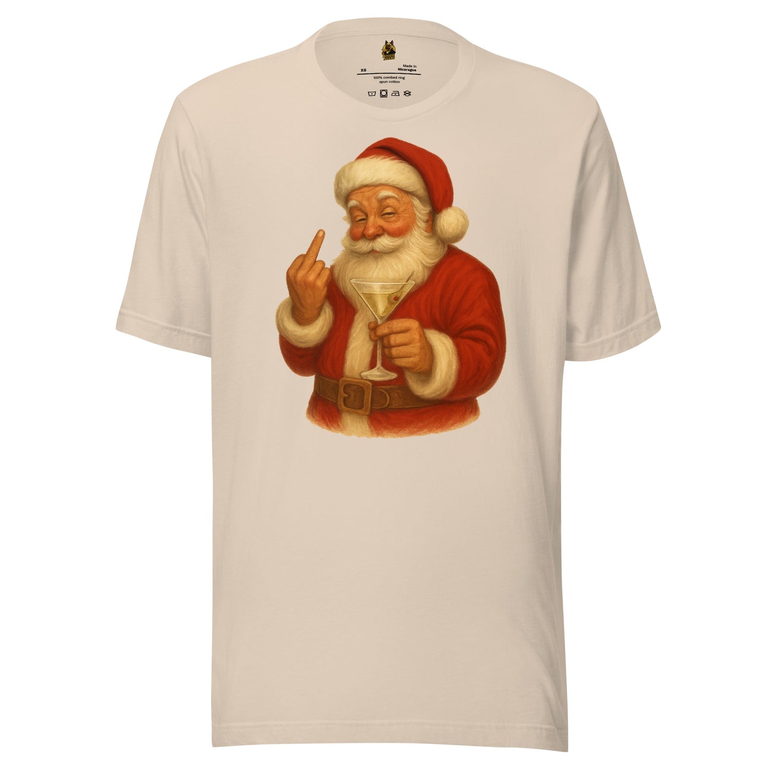Cream tee with image of santa flipping the bird and holding a martini – Boozie Adams