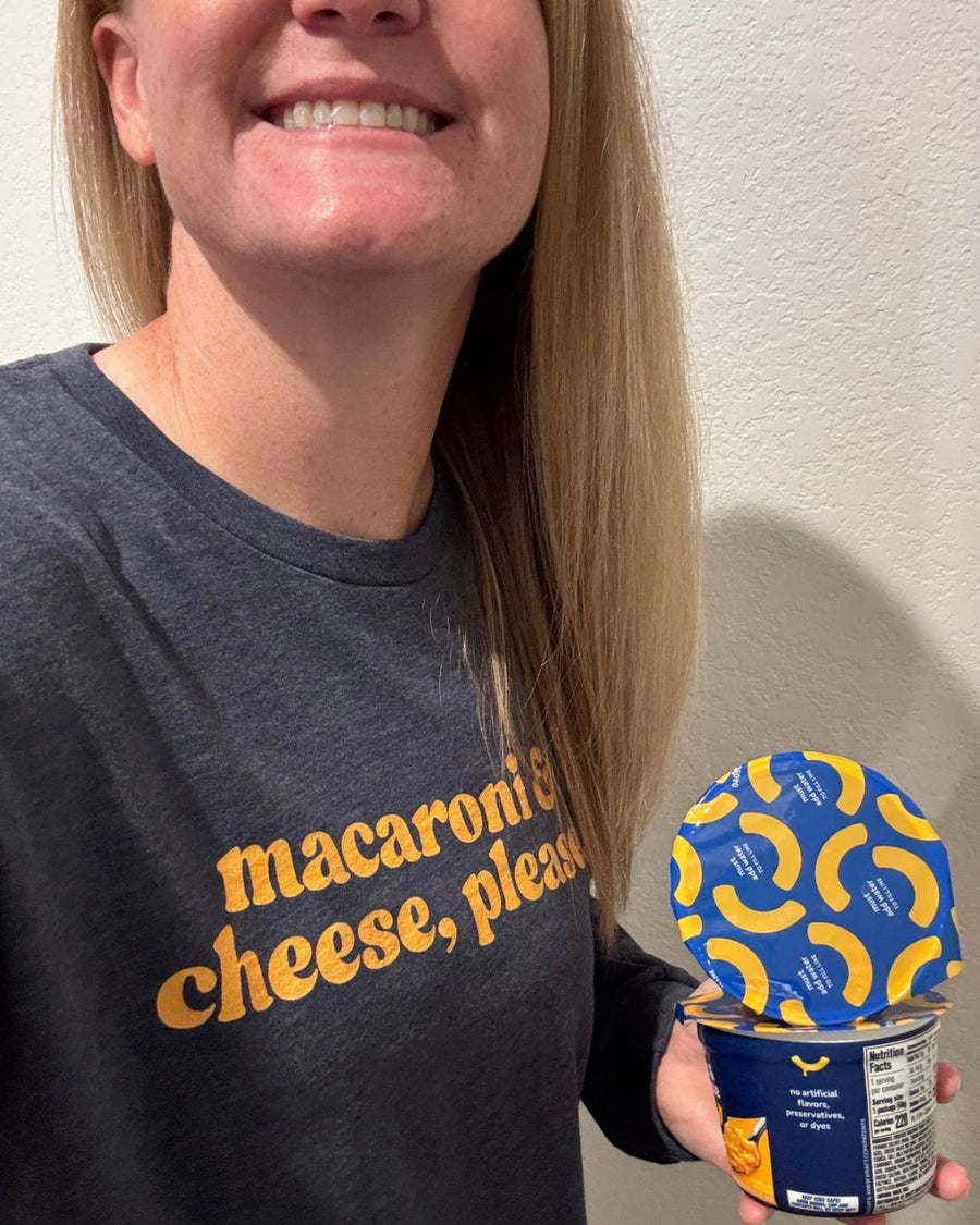 Boozie in the Wild customer wearing Macaroni & Cheese Please long sleeve – Boozie Adams