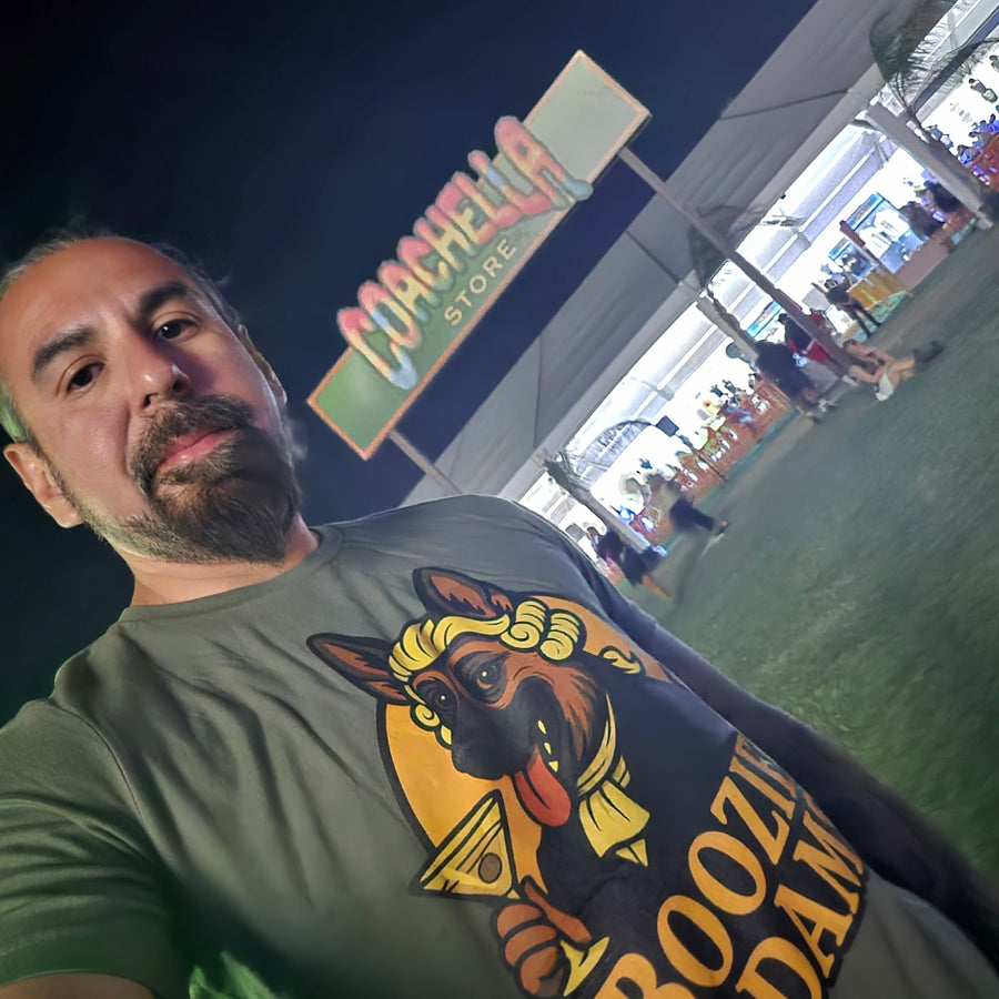Customer wears Boozie Adams logo tee