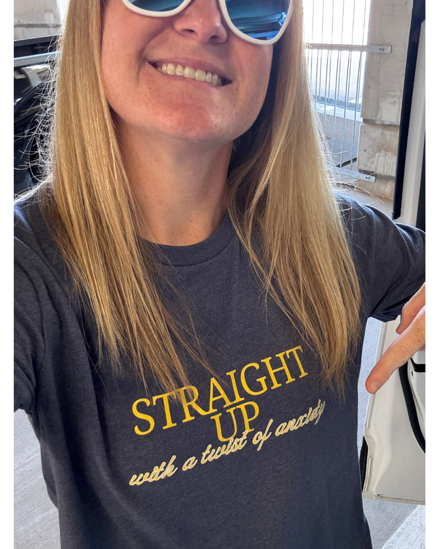 Customer wearing Boozie Adams Straight Up With A Twist of Anxiety Tee