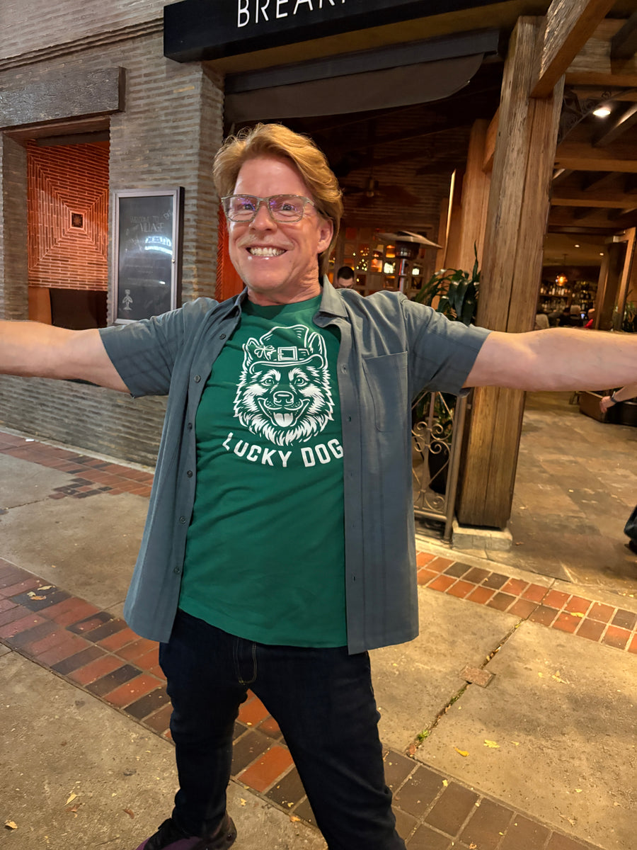 Customer wearing Boozie Adams Lucky Dog Tee