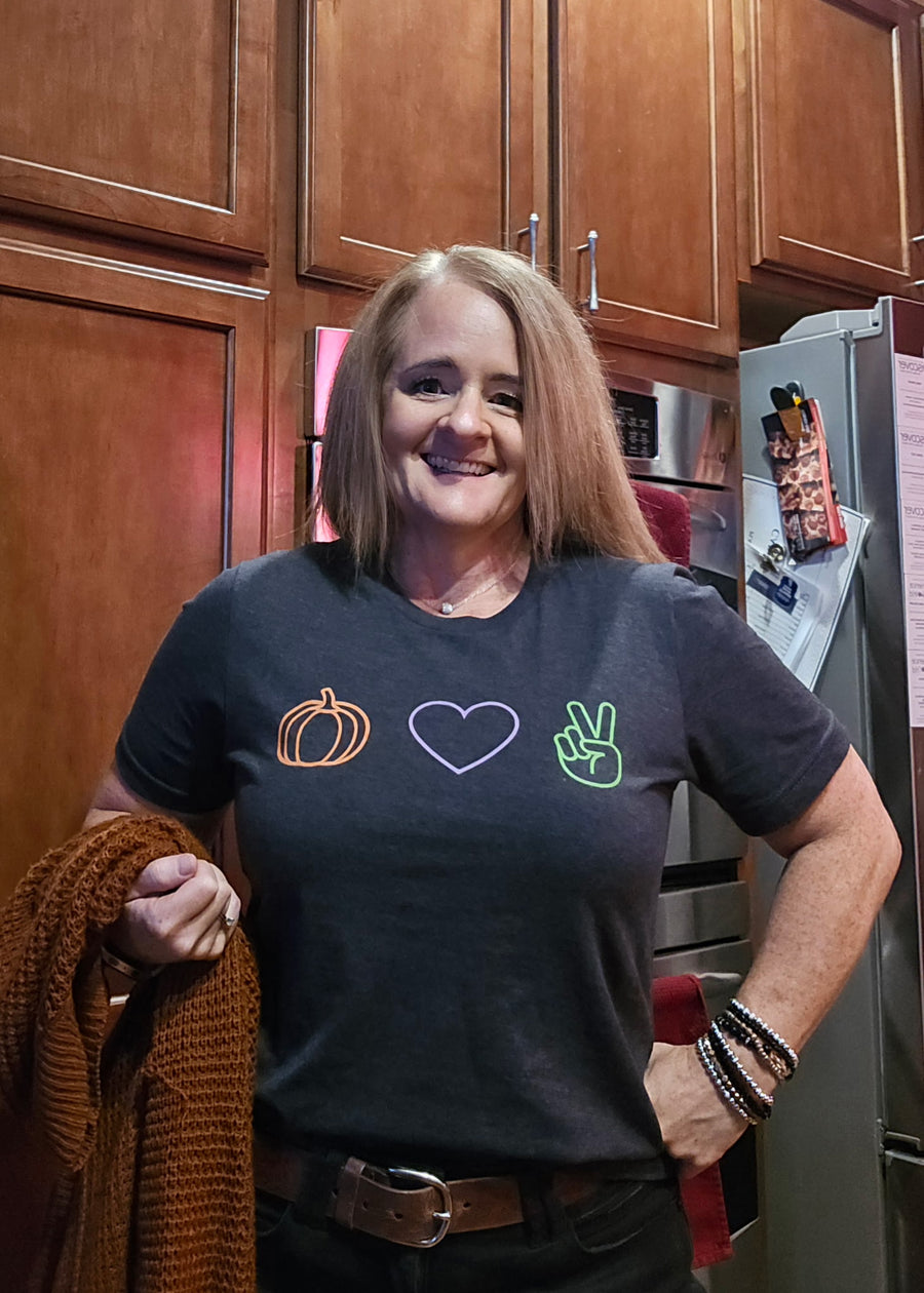 Customer wearing Boozie Adams Peace Love Pumpkin Tee