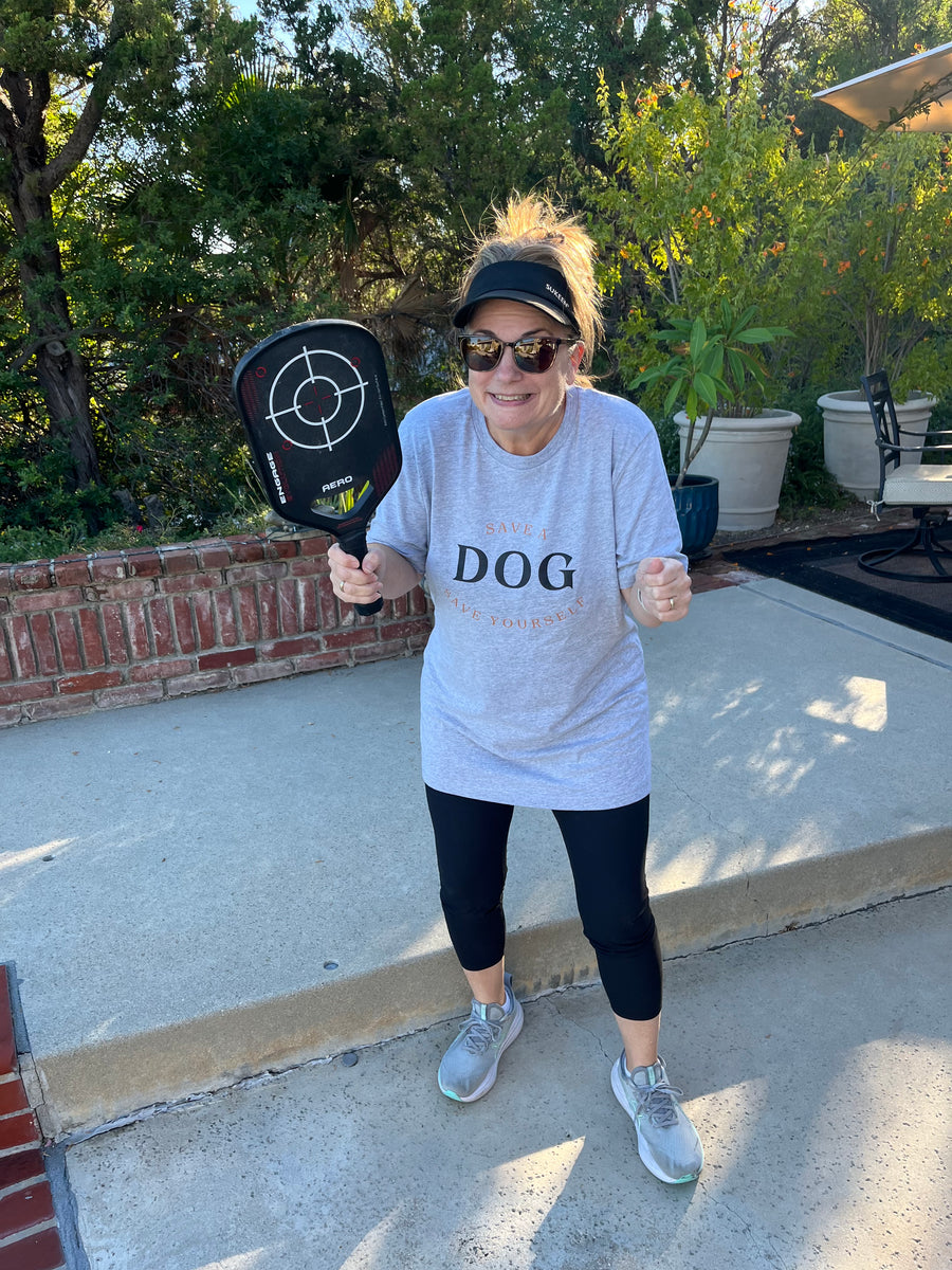 Customer wearing Boozie Adams Save A Dog Save Yourself Tee