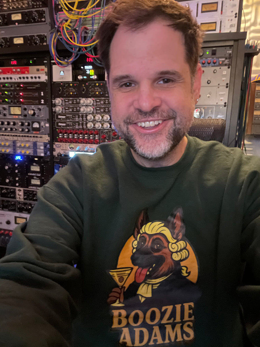 Customer wearing Boozie Adams signature logo sweatshirt