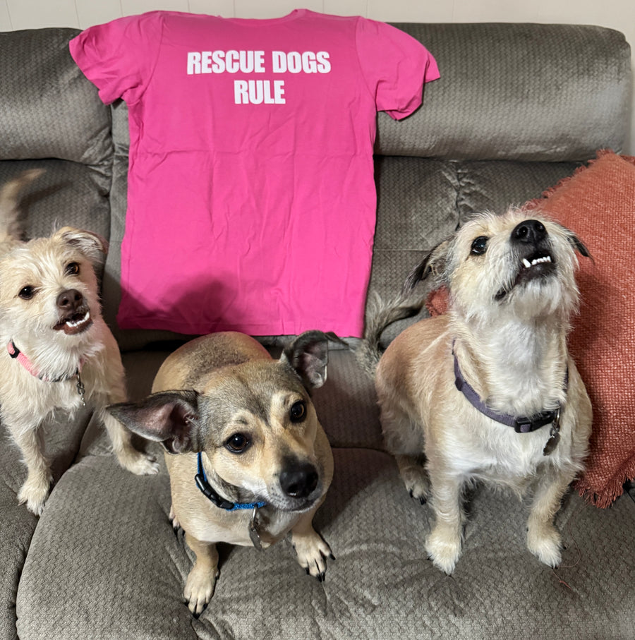 Rescue dogs surround Boozie Adams Rescue Dogs Rule tee