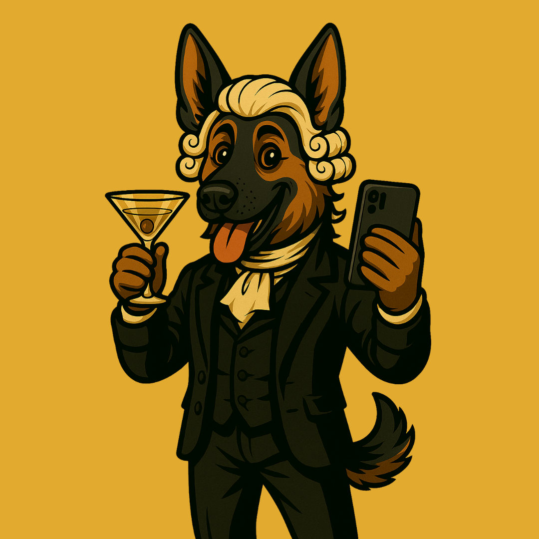 Boozie Adams, a dog with a powdered wig wearing a suit, holds a martini in one hand and a cell phone in another.