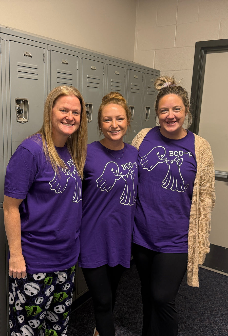 Boozie in the Wild customer wearing Ghost Besties Tee in purple – Boozie Adams