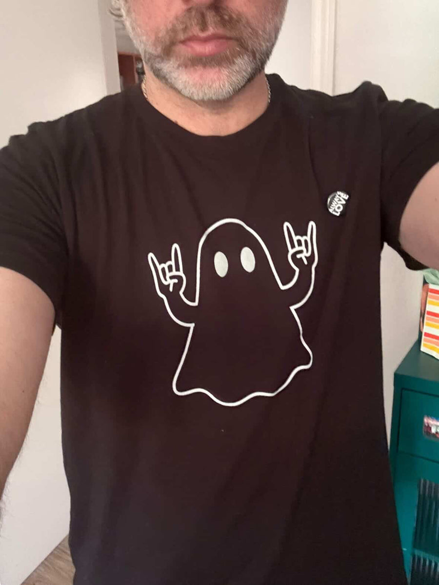 Customer wearing Boozie Adams Rock n Roll Ghost Tee in Black