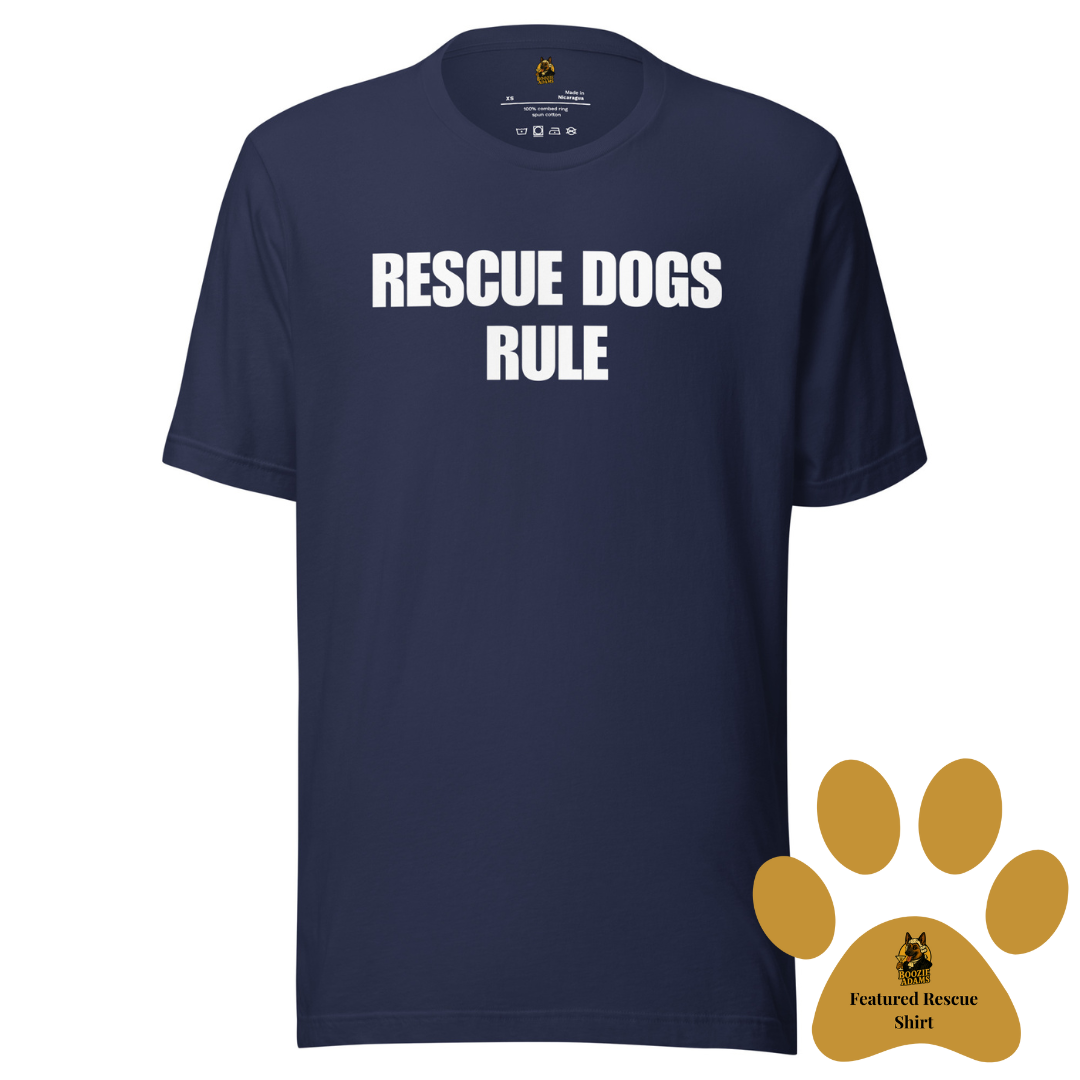 Navy unisex t-shirt with 'RESCUE DOGS RULE' text – Boozie Adams