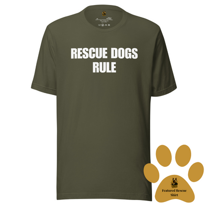 Green unisex t-shirt with 'RESCUE DOGS RULE' text – Boozie Adams