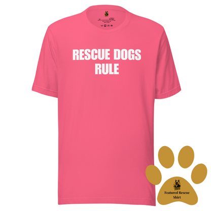 Pink unisex t-shirt with 'RESCUE DOGS RULE' text – Boozie Adams